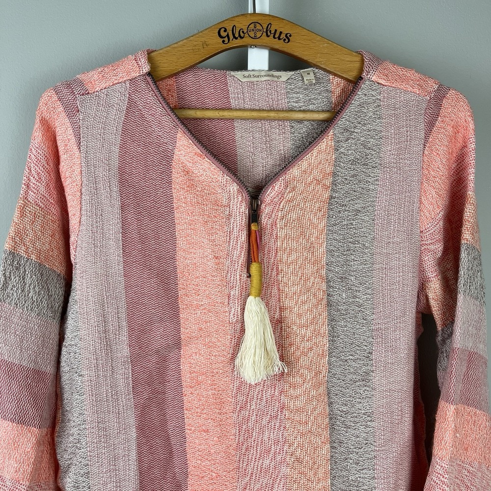 Soft Surroundings Mecca Tunic Womens M Woven Peach Pink Stripe Tassel‎ Pullover